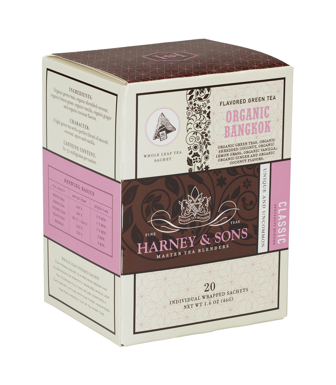 Organic Bangkok (Green Tea with Coconut, Ginger and Vanilla) - Sachets Box of 20 Individually Wrapped Sachets - Harney & Sons Fine Teas